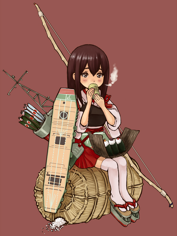 akagi_(kantai_collection) archery arrow blush bow_(weapon) brown_eyes brown_hair bushel clog_sandals cup food full_body gloves green_tea japanese_clothes kantai_collection kyuudou legs_together long_hair makizushi muneate partly_fingerless_gloves pontou quiver red_background rice sack simple_background single_glove sitting skirt solo sushi tea thighhighs weapon yugake yunomi