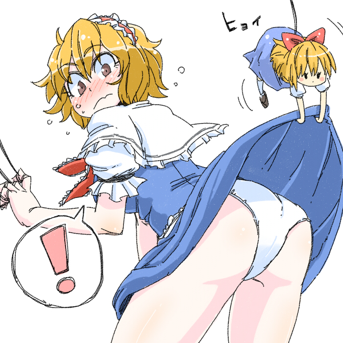 1girl alice_margatroid aono3 ass blonde_hair blush blush_stickers brown_eyes capelet dress dress_lift from_behind hairband looking_at_viewer looking_back panties shanghai_doll simple_background solo speech_bubble spoken_exclamation_mark sweat touhou underwear white_background white_panties