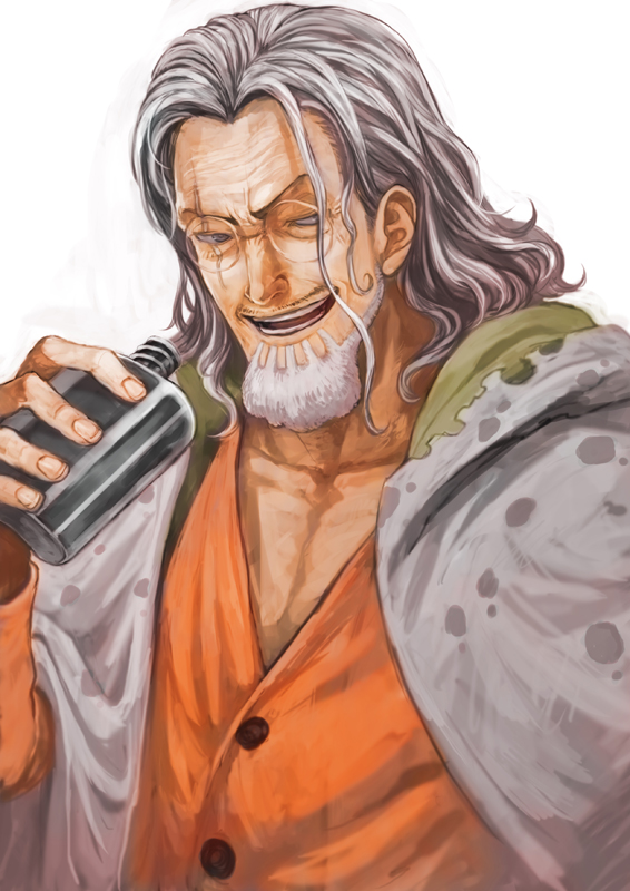 alcohol beard drinking facial_hair glasses hip_flask lack male_focus old_man one_piece scar scar_across_eye silver_eyes silvers_rayleigh smile solo upper_body white_hair