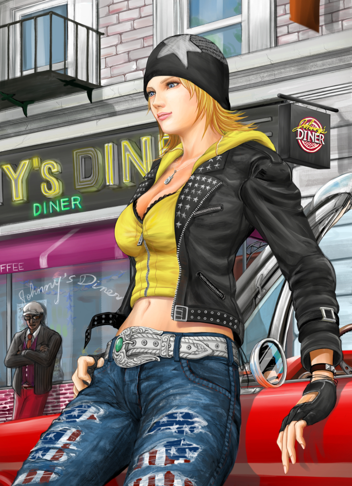 1girl 909 against_vehicle alternate_costume american_flag balcony beanie belt belt_buckle black_jacket blonde_hair blue_eyes breasts brick_wall buckle building car casual cleavage convertible crop_top crossed_arms dark_skin dead_or_alive denim fingerless_gloves gloves ground_vehicle hat hood hoodie jacket jeans jewelry leaning_back leather leather_jacket lips long_sleeves looking_away medium_breasts midriff motor_vehicle navel necktie neon_lights nose open_clothes open_jacket outdoors pants pendant sign solo_focus studded_bracelet sunglasses thumb_in_pocket tina_armstrong tomboy unzipped very_dark_skin vest wristband zack_(doa) zipper