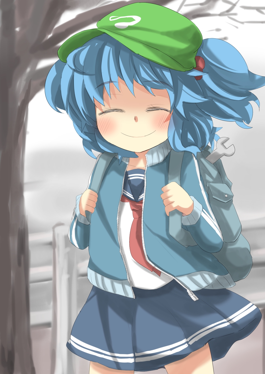alternate_costume backpack bag blue_hair blush commentary_request gaoo_(frpjx283) hair_bobbles hair_ornament hat highres jacket kawashiro_nitori necktie road school_uniform serafuku short_hair skirt smile solo touhou tree two_side_up wrench