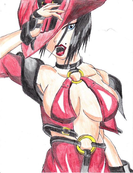 1girl arc_system_works bare_shoulders black_hair blue_eyes breasts guilty_gear hat i-no large_breasts lipstick makeup