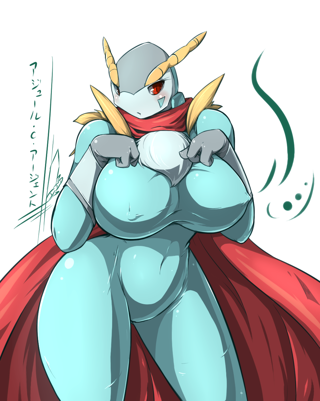 3_fingers anthro anthrofied big_breasts blush breasts cape chest_tuft cleavage clothed clothing cobalion day-t erect_nipples female fur huge_breasts japanese_text legendary_pok&#233;mon legendary_pok&eacute;mon navel nintendo nipples open_mouth plain_background pok&#233;mon pok&eacute;mon red_eyes solo standing text thick_thighs translation_request tuft video_games white_background wide_hips