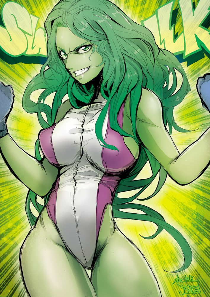 breasts character_name clenched_hands eyebrows green_eyes green_hair green_skin grin jennifer_walters jinbei large_breasts leotard long_hair marvel purple_leotard she-hulk sideboob smile solo thigh_gap thighs white_leotard