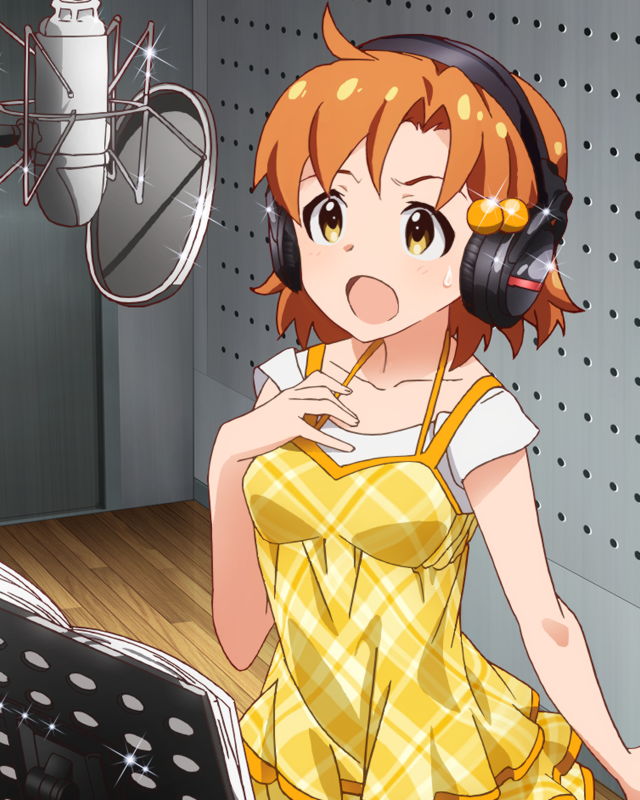 ahoge artist_request brown_hair hair_ornament hand_on_own_chest headphones heart idolmaster idolmaster_million_live! microphone official_art open_mouth pop_filter recording_studio solo sweat yabuki_kana yellow_eyes