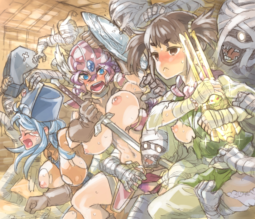 :&lt; blue_eyes blue_hair breasts brown_eyes claw_(weapon) coffin commentary crying dragon_quest dragon_quest_iii fighter_(dq3) gloves hat helmet inverted_nipples large_breasts mimonel missing_teeth multiple_girls mummy nipples open_mouth panties priest_(dq3) pubic_hair shield soldier_(dq3) sweat sword tears torn_clothes twintails underwear weapon winged_helmet you_gonna_get_raped