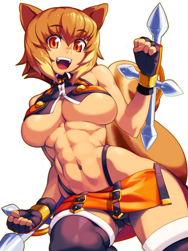 abs animal_ears bad_id bad_pixiv_id blazblue breasts brown_eyes brown_hair large_breasts makoto_nanaya metata navel orange_skirt revealing_clothes revision short_hair simple_background skirt solo squirrel_ears squirrel_tail tail thighhighs toned underboob white_legwear