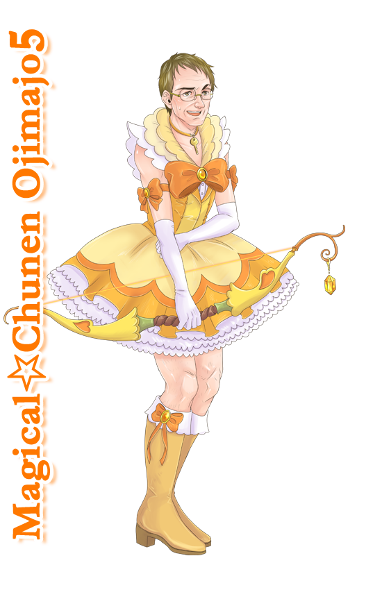 blonde_hair bohe boots bow bow_(weapon) brown_hair character_name copyright_name crossdressing elbow_gloves full_body glasses gloves high_heels iida_shuntarou jewelry key magical_girl mahou_chuunen_ojimajo_5 male_focus necklace open_mouth smile solo standing stats sunshine_madogiwa transparent_background weapon yellow_eyes