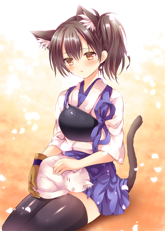 animal animal_ears black_legwear blush brown_eyes brown_hair cat cat_ears cat_tail gloves japanese_clothes kaga_(kantai_collection) kantai_collection kemonomimi_mode muneate nogi_takayoshi open_mouth partly_fingerless_gloves petals short_hair side_ponytail single_glove sitting skirt solo tail thighhighs yugake