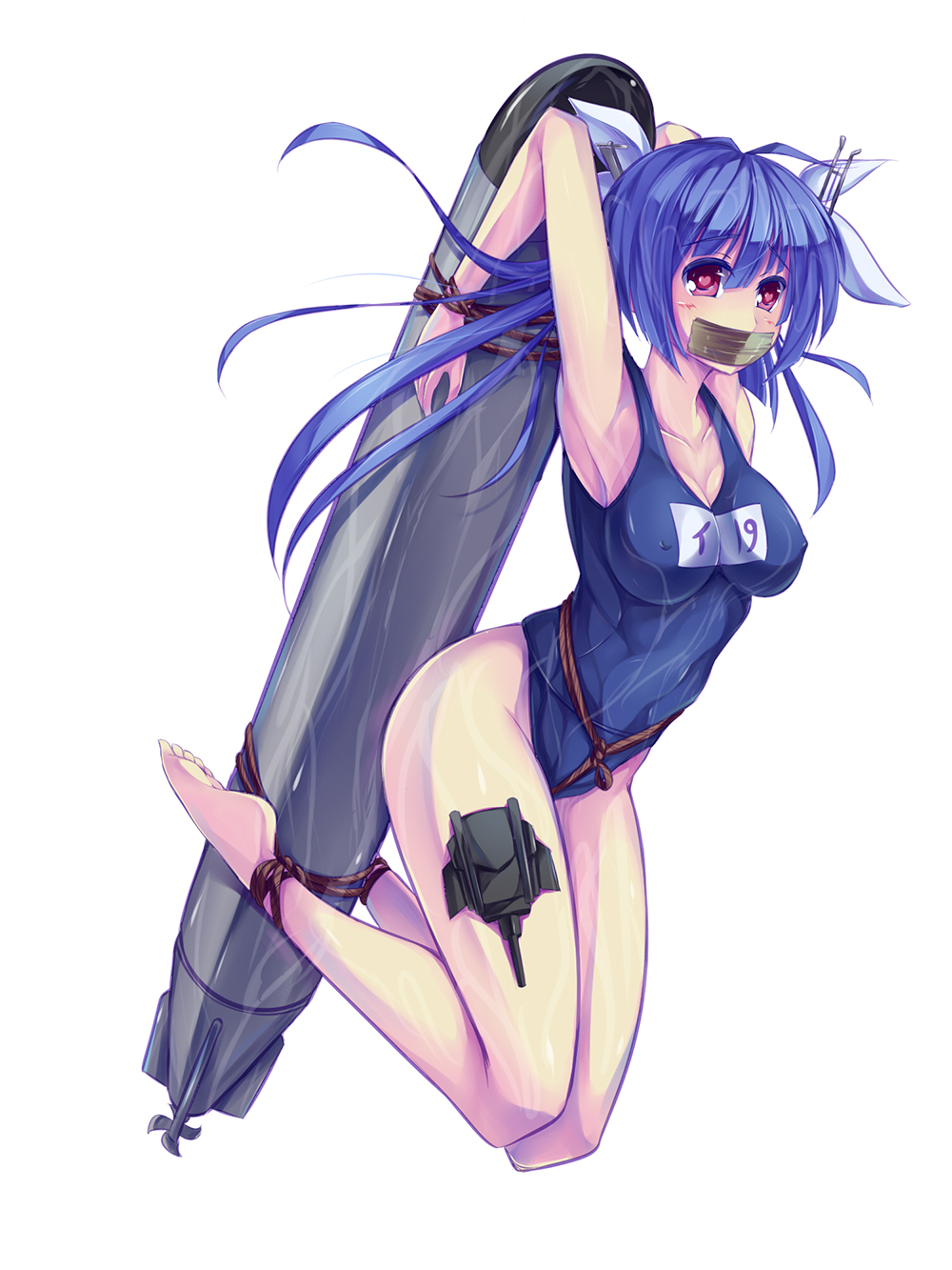 armpits arms_up barefoot bdsm blue_hair blush bondage bound breasts cleavage covered_nipples duct_tape full_body gag gagged hair_ribbon heart heart-shaped_pupils highres i-19_(kantai_collection) improvised_gag kantai_collection large_breasts long_hair maullarmaullar one-piece_swimsuit red_eyes ribbon rope school_swimsuit simple_background solo swimsuit symbol-shaped_pupils tape tape_gag torpedo twintails white_background
