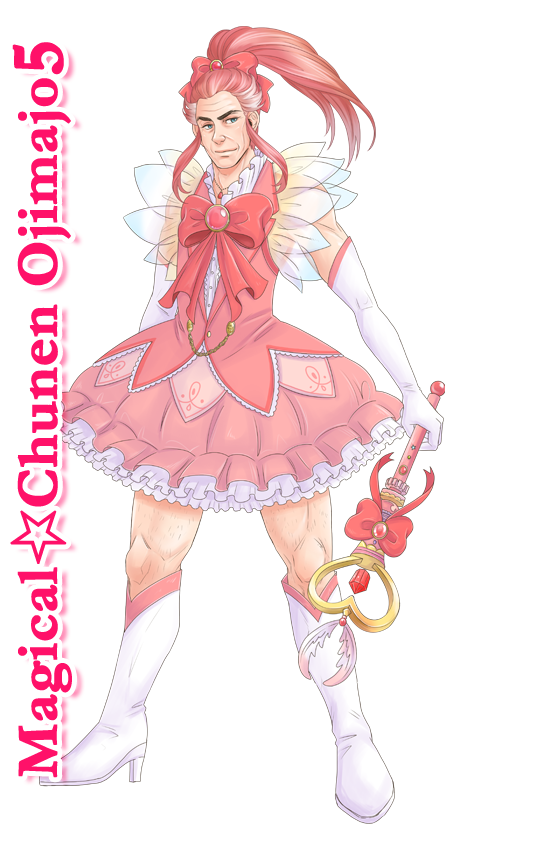 bohe bow character_name copyright_name crossdressing elbow_gloves full_body gloves hair_bow high_heels innovation_shachou jewelry magical_girl mahou_chuunen_ojimajo_5 male_focus necklace pink_bow pink_hair ponytail smile solo standing stats transparent_background wand yoshikawa_satoshi