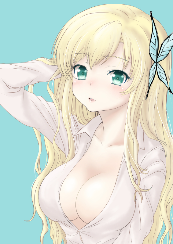 bad_id bad_pixiv_id blonde_hair boku_wa_tomodachi_ga_sukunai breasts butterfly_hair_ornament cleavage hair_ornament hand_in_hair kashiwazaki_sena large_breasts long_hair looking_at_viewer parted_lips shiny shiny_skin simple_background solo tabasco_(deathsauce)