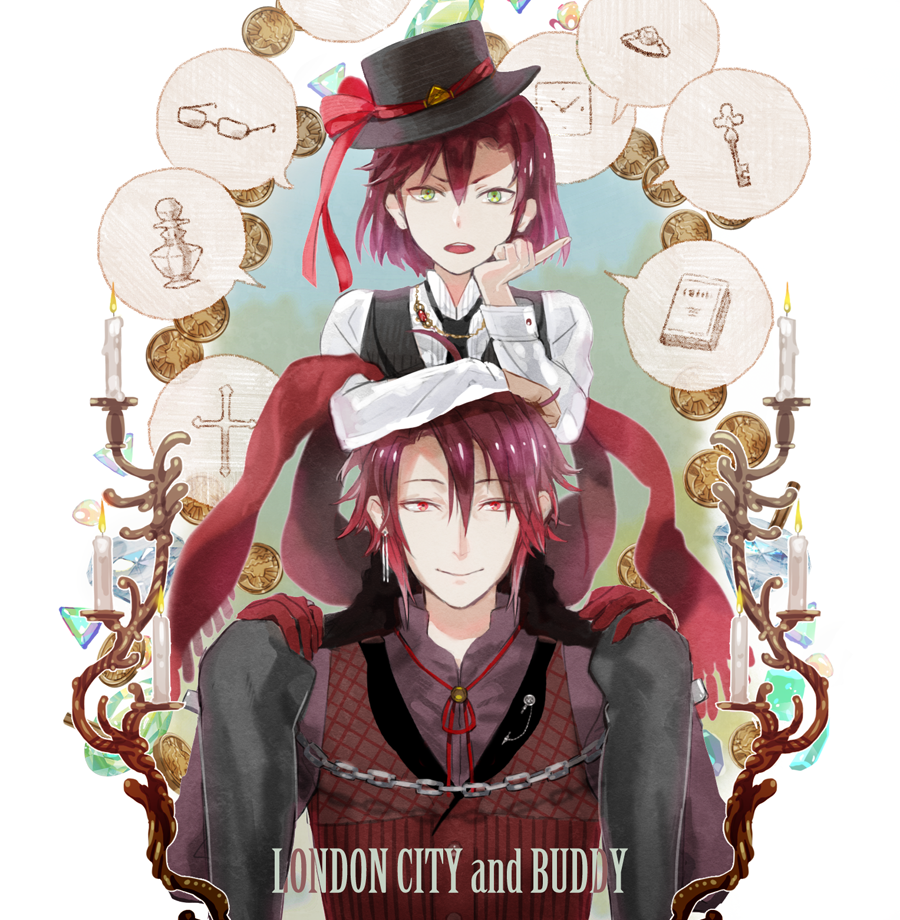 :&gt; bolo_tie book bottle candle copyright_name cross earrings english gianpiero glasses gloves green_eyes harold_j_albert hat hat_ribbon jewelry key kuroi london_city_and_buddy male_focus multiple_boys original red_eyes red_hair red_scarf ribbon ring scarf smile spoken_object