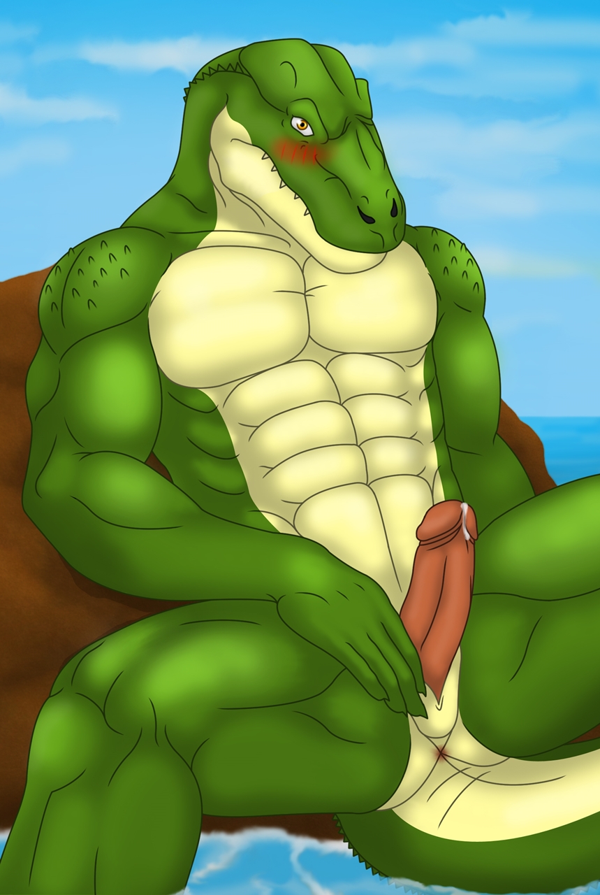 abs amber_eyes anthro anus biceps big_muscles blush butt claws crocodile cum erection fangs gay green_skin humanoid_penis kraidhiel leaking looking_at_viewer male masturbation muscles nude pecs penis pose precum presenting presenting_hindquarters reptile rock scales scalie sea sheath sitting sky slit solo spread_legs spreading teeth toned water wet