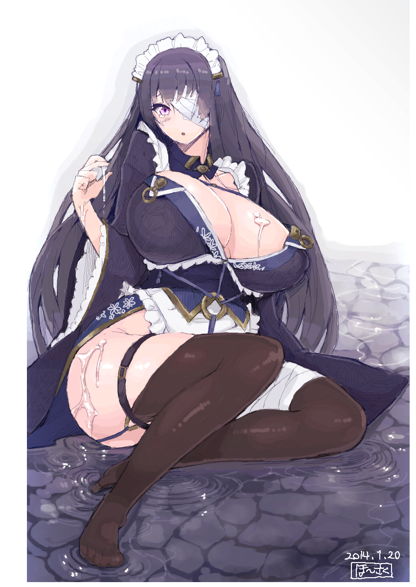 angelo_(gomahangetsu) apron bandage_over_one_eye bandages black_hair black_legwear blush breasts breasts_apart character_request commentary_request cum cum_on_ass cum_on_body cum_on_breasts cum_on_upper_body eyepatch highres huge_breasts long_hair maid_apron maid_headdress purple_eyes purple_hair sengoku_bushouki_muramasa solo tears thighhighs water yamanaka_yukimori_(sengoku_bushouki_muramasa)