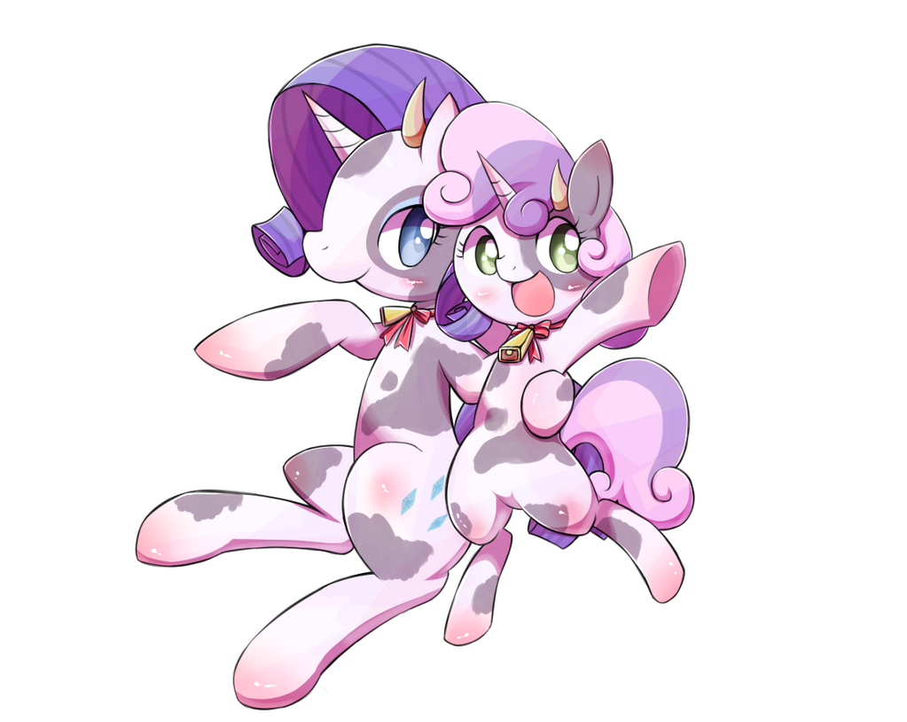 blue_eyes bovine cattle cowbell cub cutie_mark duo equine female feral friendship_is_magic green_eyes hair horn horse mammal my_little_pony open_mouth plain_background pony rarity_(mlp) sibling sisters sweetie_belle_(mlp) unicorn white_background young