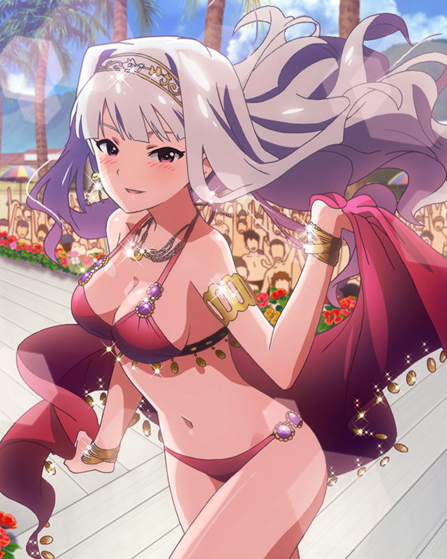 artist_request bikini blush bracelet breasts cleavage earrings headband idolmaster idolmaster_(classic) idolmaster_million_live! jewelry long_hair looking_at_viewer medium_breasts navel necklace official_art parted_lips pink_eyes shijou_takane silver_hair solo swimsuit