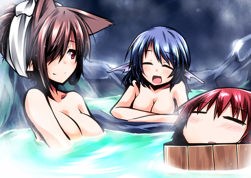 animal_ears blue_hair blush breasts bucket disembodied_head grass_root_youkai_network hair_over_one_eye head_fins hemogurobin_a1c imaizumi_kagerou large_breasts long_hair mermaid monster_girl multiple_girls nude onsen open_mouth red_hair sekibanki short_hair smile tied_hair touhou wakasagihime wolf_ears wooden_bucket