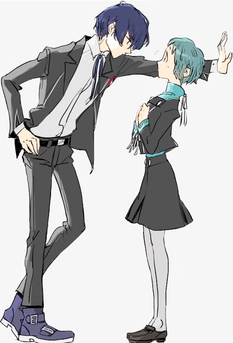 1girl against_wall aqua_hair blue_hair eye_contact from_side full_body height_difference leaning_forward loafers looking_at_another pantyhose persona persona_3 profile school_uniform shoes short_hair skirt standing sutei_(giru) wall_slam yamagishi_fuuka yuuki_makoto