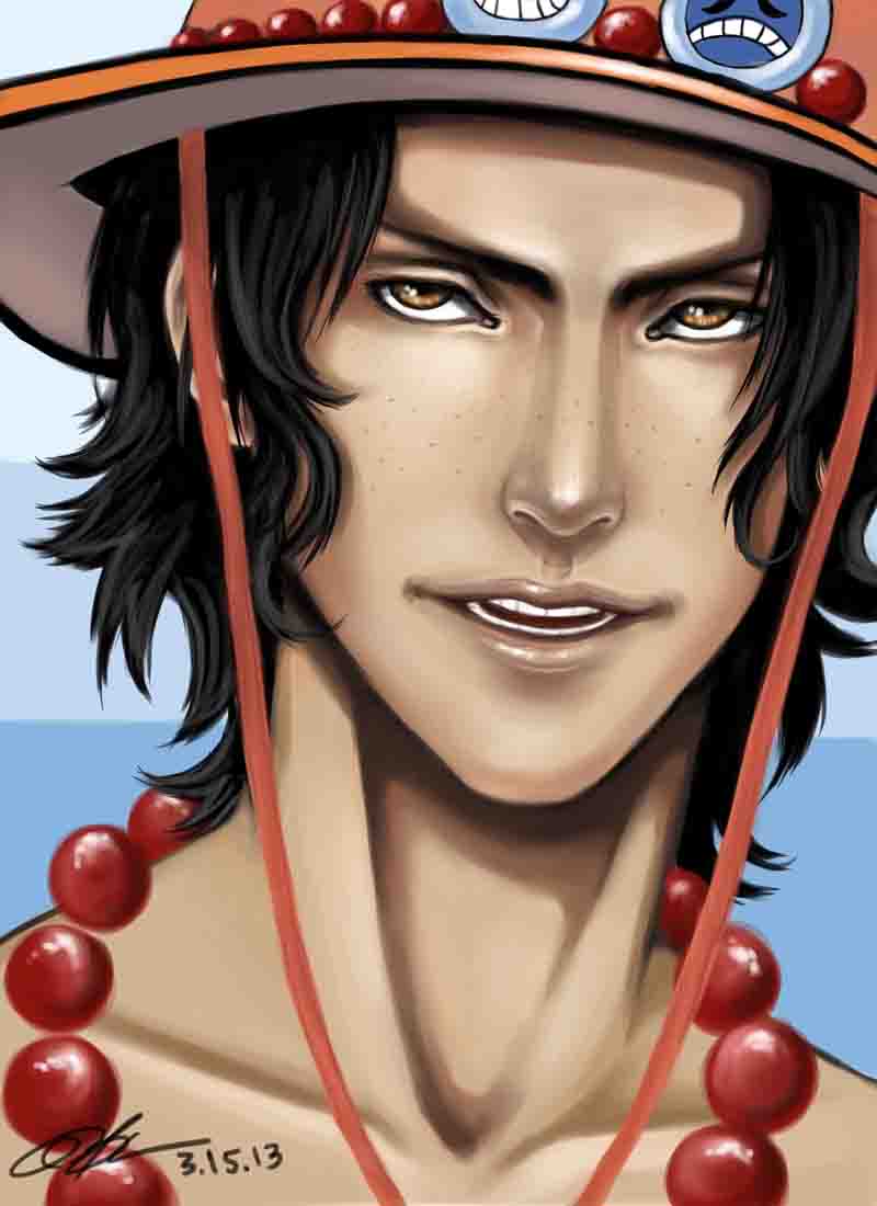1boy angie brown_eyes brown_hair freckles hat jewelry male male_focus necklace ocean one_piece outdoors pirate portgas_d_ace smirk solo stampede_string