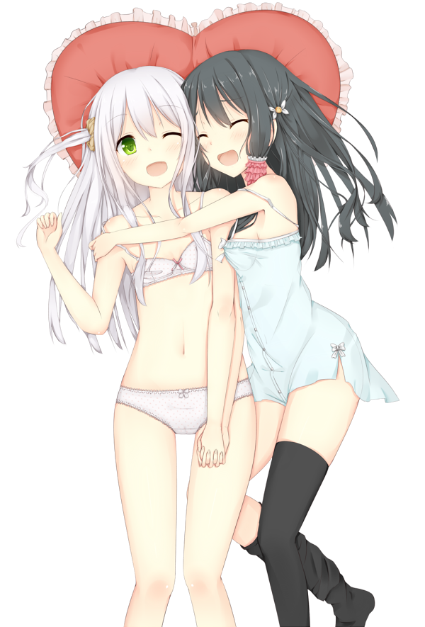 :d bangs bare_arms black_hair bra breasts chemise closed_eyes collarbone eyebrows_visible_through_hair flat_chest green_eyes hair_ornament hair_scrunchie happy heart heart_pillow holding_hands hug lingerie long_hair lying mitoko_(tsuchikure) multiple_girls on_back on_side one_eye_closed one_side_up open_mouth original panties pillow scrunchie shiori_(tsuchikure) smile strap_slip thighhighs thighhighs_pull transparent_background tsuchikure underwear underwear_only white_bra white_hair white_panties yuri