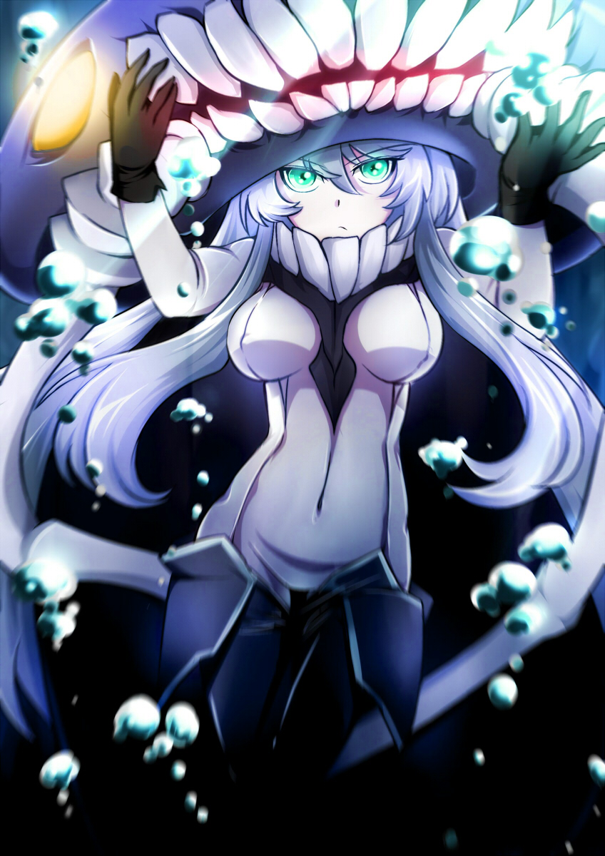 aqua_eyes bodysuit bubble cape gloves glowing glowing_eyes highres kantai_collection long_hair looking_at_viewer makumaxu monster pale_skin shinkaisei-kan silver_hair solo underwater wo-class_aircraft_carrier yellow_eyes