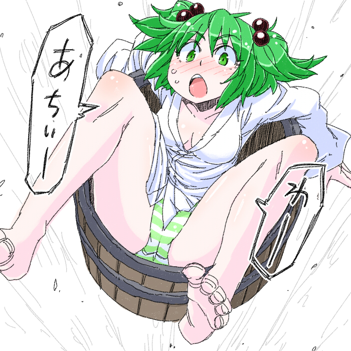 aono3 barefoot blush breasts bucket cleavage collarbone feet green_eyes green_hair hair_bobbles hair_ornament hot in_bucket in_container kisume medium_breasts no_pants open_mouth panties solo speech_bubble striped striped_panties touhou two_side_up underwear wooden_bucket