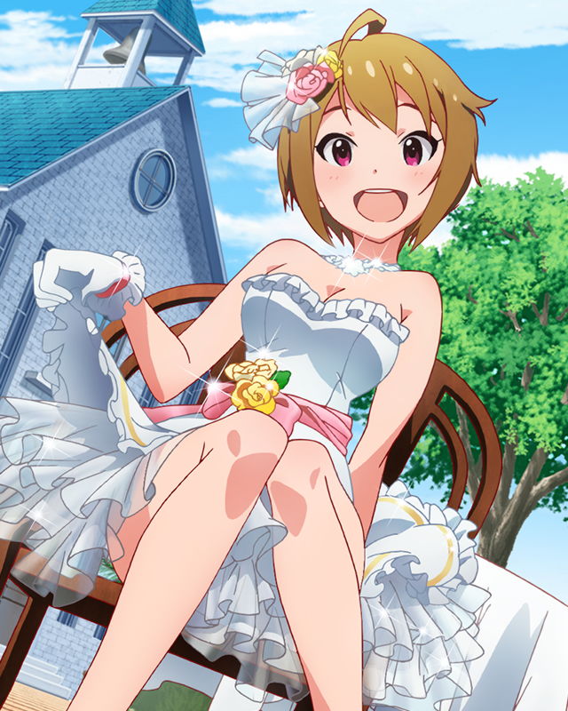 :d ahoge artist_request blush breasts brown_hair cleavage dress flower gloves hair_flower hair_ornament ibuki_tsubasa idolmaster idolmaster_million_live! jewelry looking_at_viewer medium_breasts messy_hair necklace off_shoulder official_art open_mouth pink_eyes short_hair smile solo wedding_dress