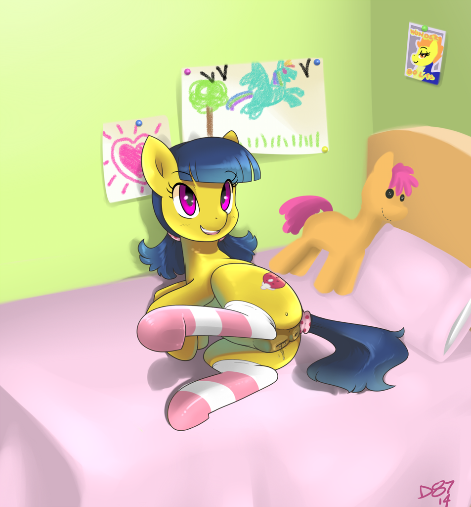 bed bedroom blue_hair butt cutie_mark devo87 doll earth_pony equine female friendship_is_magic hair horse looking_back mammal my_little_pony open_mouth original_character pigtails pillow pink_eyes pony presenting presenting_hindquarters presenting_pussy pussy pussy_juice rainbow_dash_(mlp) scootaloo_(mlp) smile socks solo spitfire_(mlp) wonderbolts_(mlp) young