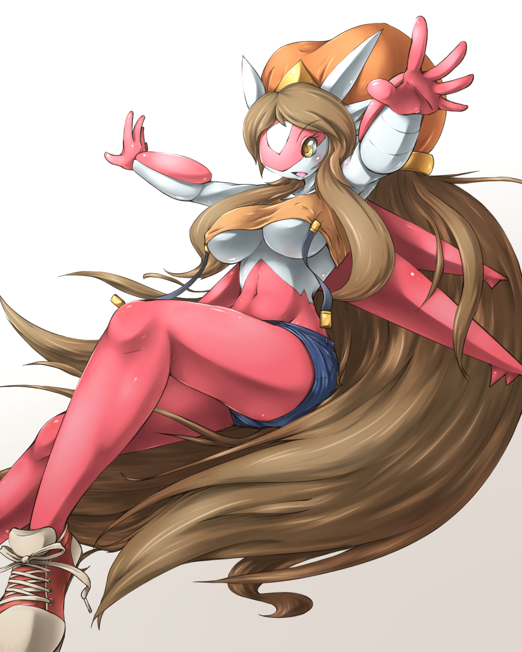 anthro anthrofied blush breasts brown_hair clothed clothing day-t eyebrows eyelashes female fur hair latias legendary_pok&#233;mon legendary_pok&eacute;mon long_hair navel nintendo open_mouth plain_background pok&#233;mon pok&eacute;mon red_body red_fur shirt shoes short_shirt shorts simple_background sitting skimpy solo spread_arms under_boob video_games white_background white_body wings yellow_eyes