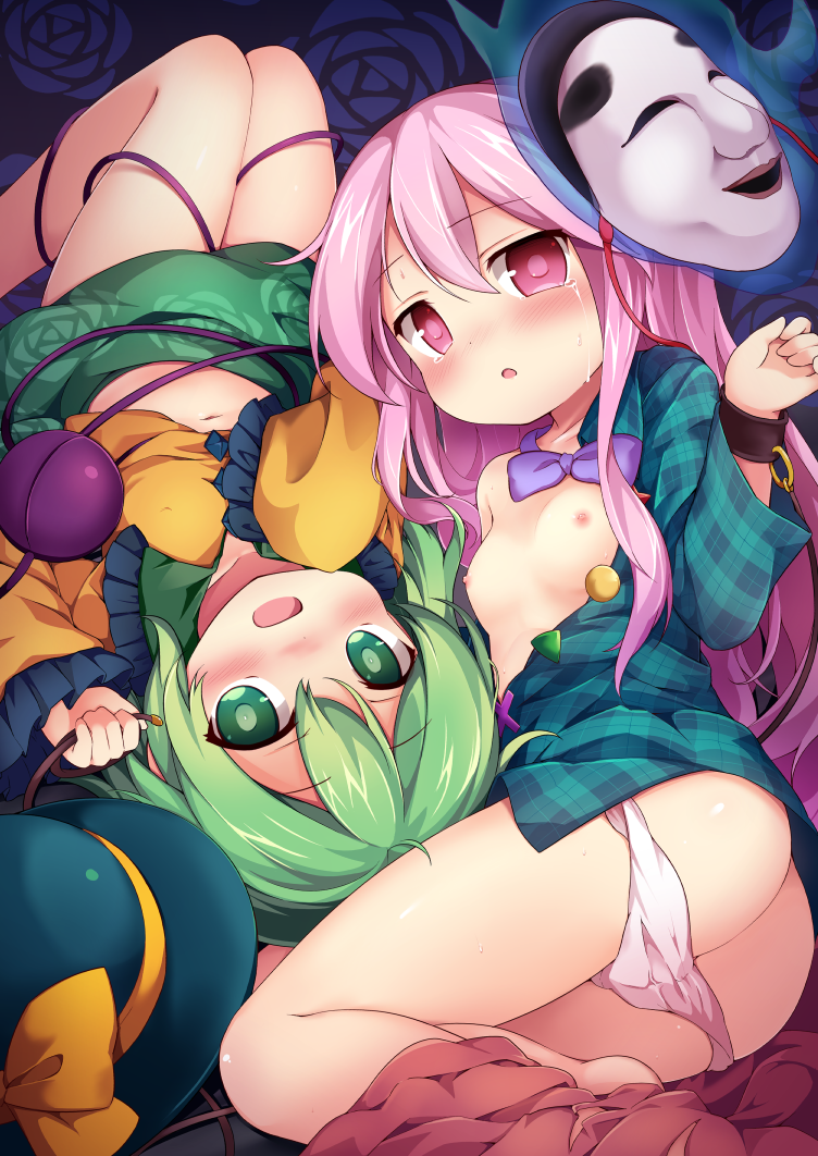 2girls ass baku-p bare_legs blush bow breasts bright_pupils commentary_request crying crying_with_eyes_open floral_background green_eyes green_hair green_shirt green_skirt hair_between_eyes hat hat_bow hat_removed hata_no_kokoro headwear_removed komeiji_koishi long_hair lying mask multiple_girls navel nipples no_pants open_mouth panties panty_pull pink_eyes pink_hair pink_panties pink_skirt plaid plaid_shirt shirt skirt small_breasts tears touhou underwear wrist_cuffs yellow_bow yellow_shirt