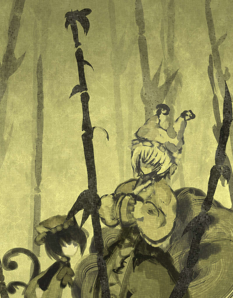animal_ears bamboo bamboo_forest cat_ears cat_tail chen faceless forest fox_tail hat long_sleeves monochrome multiple_girls nature pillow_hat short_hair tail tassel touhou wide_sleeves yakumo_ran yellow yoshioka_yoshiko