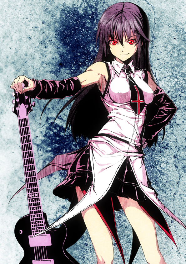 armpits bangs bare_shoulders belt black_hair breasts clenched_hand covered_nipples cross detached_sleeves electric_guitar guitar hair_between_eyes hand_on_hip holding instrument long_hair looking_at_viewer medium_breasts miniskirt necktie original pleated_skirt red_eyes shima_udon skirt smile smirk solo standing