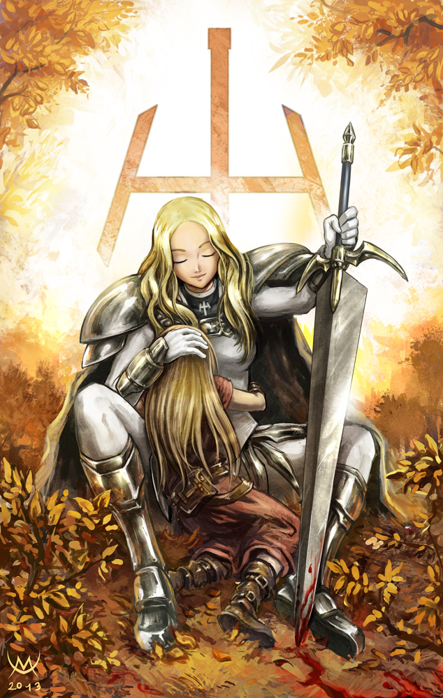 2girls blonde_hair blood bloody_weapon brown_hair cape clare_(claymore) claymore claymore_(sword) closed_eyes forest hug maxa' multiple_girls nature sword teresa_(claymore) weapon younger