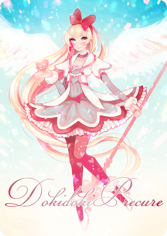 angel_wings blonde_hair blush choker copyright_name dokidoki!_precure dress english hair_ornament hair_ribbon happy heart jacket long_hair looking_at_viewer pantyhose polearm precure red_ribbon regina_(dokidoki!_precure) ribbon smile solo spear weapon what_if wings yunoto_(conceit)