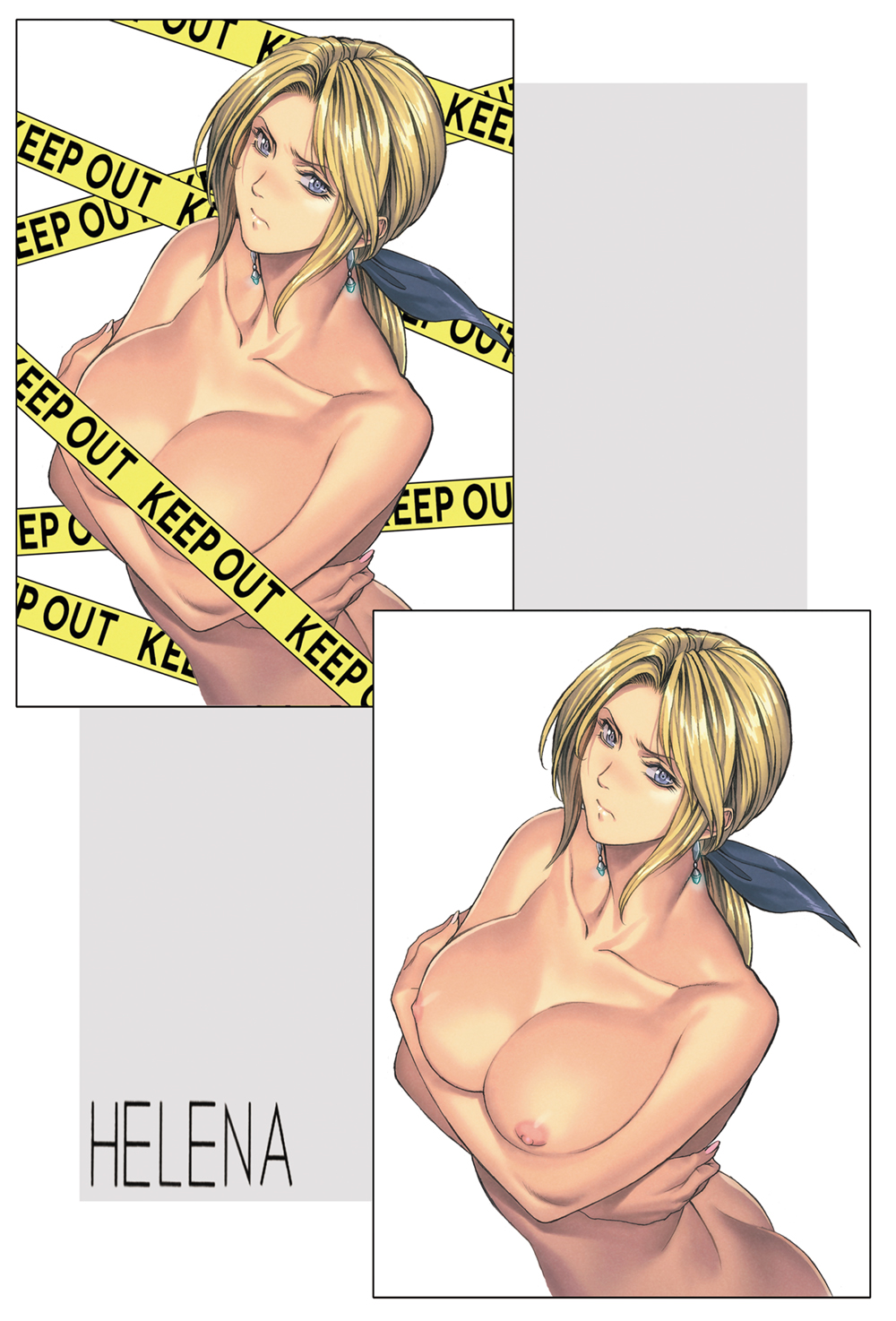 ass blonde_hair blue_eyes blush bow breast_hold breasts caution_tape censored character_name collarbone convenient_censoring crossed_arms dead_or_alive earrings hair_bow helena_douglas highres homare_(fool's_art) jewelry keep_out large_breasts long_hair looking_at_viewer nipples nude solo