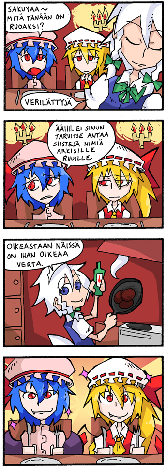 4koma bat_wings blonde_hair blue_eyes blue_hair bottle bow braid candle candlelight comic commentary cooking fang fang_out finnish flandre_scarlet food fork frying_pan hair_bow hat hat_ribbon izayoi_sakuya knife mob_cap multiple_girls plate red_eyes remilia_scarlet ribbon setz side_ponytail smile sparkle table touhou translated twin_braids white_hair wings