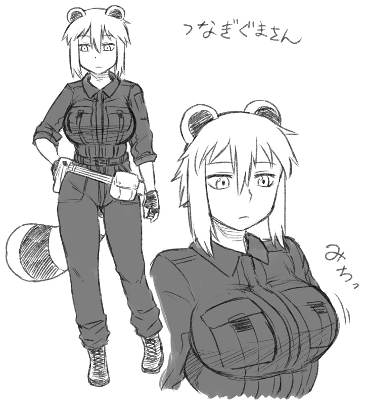 animal_ears araiguma-san belt belt_pouch boots breasts expressionless fingerless_gloves gloves greyscale huge_breasts monochrome original pants pouch raccoon_ears raccoon_tail shirt short_hair sleeves_rolled_up tail translation_request tsukudani_(coke-buta) uniform