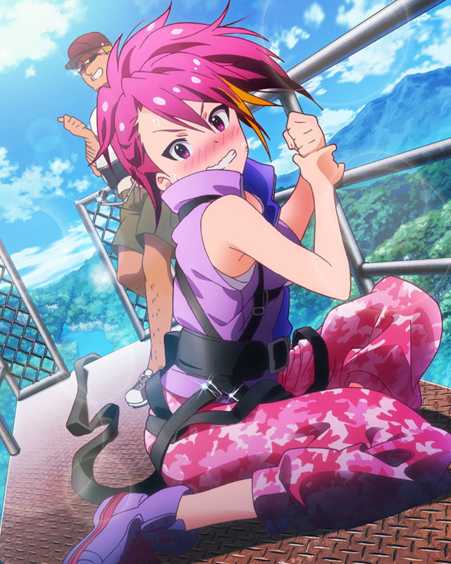 1girl acrophobia artist_request blush bungee_jumping camouflage camouflage_pants clenched_teeth harness idolmaster idolmaster_million_live! lens_flare looking_at_viewer maihama_ayumu multicolored_hair official_art pants pink_eyes pink_hair railing scared teeth vest wavy_mouth