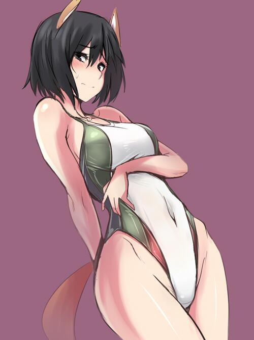 animal_ears black_eyes black_hair competition_swimsuit dog_ears groin highleg highleg_swimsuit katou_takeko navel one-piece_swimsuit short_hair skin_tight swimsuit tail ulrich_(tagaragakuin) world_witches_series