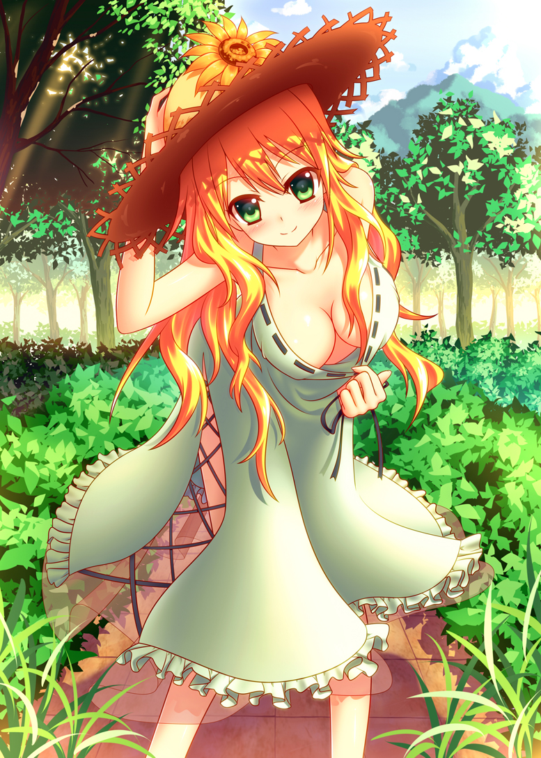 blonde_hair breasts cleavage day dress flower green_eyes hand_on_headwear hat hoshii_miki idolmaster idolmaster_(classic) idolmaster_2 large_breasts leaning_forward long_hair looking_at_viewer nazu-na outdoors ribbon-trimmed_clothes ribbon_trim shirt_tug smile solo straw_hat sunflower