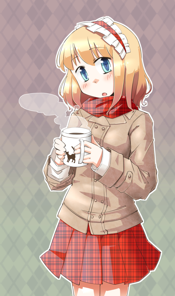alice_margatroid alternate_costume arnest blonde_hair blue_eyes blush coat cup hairband looking_at_viewer mug open_mouth plaid plaid_scarf plaid_skirt scarf short_hair skirt solo touhou