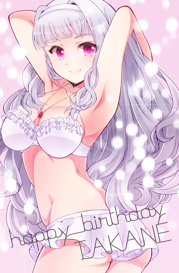 81_(mellowry) armpits arms_behind_head bra breasts hairband idolmaster idolmaster_(classic) jewelry lingerie long_hair looking_at_viewer medium_breasts necklace panties pink_eyes shijou_takane smile solo underwear white_hair