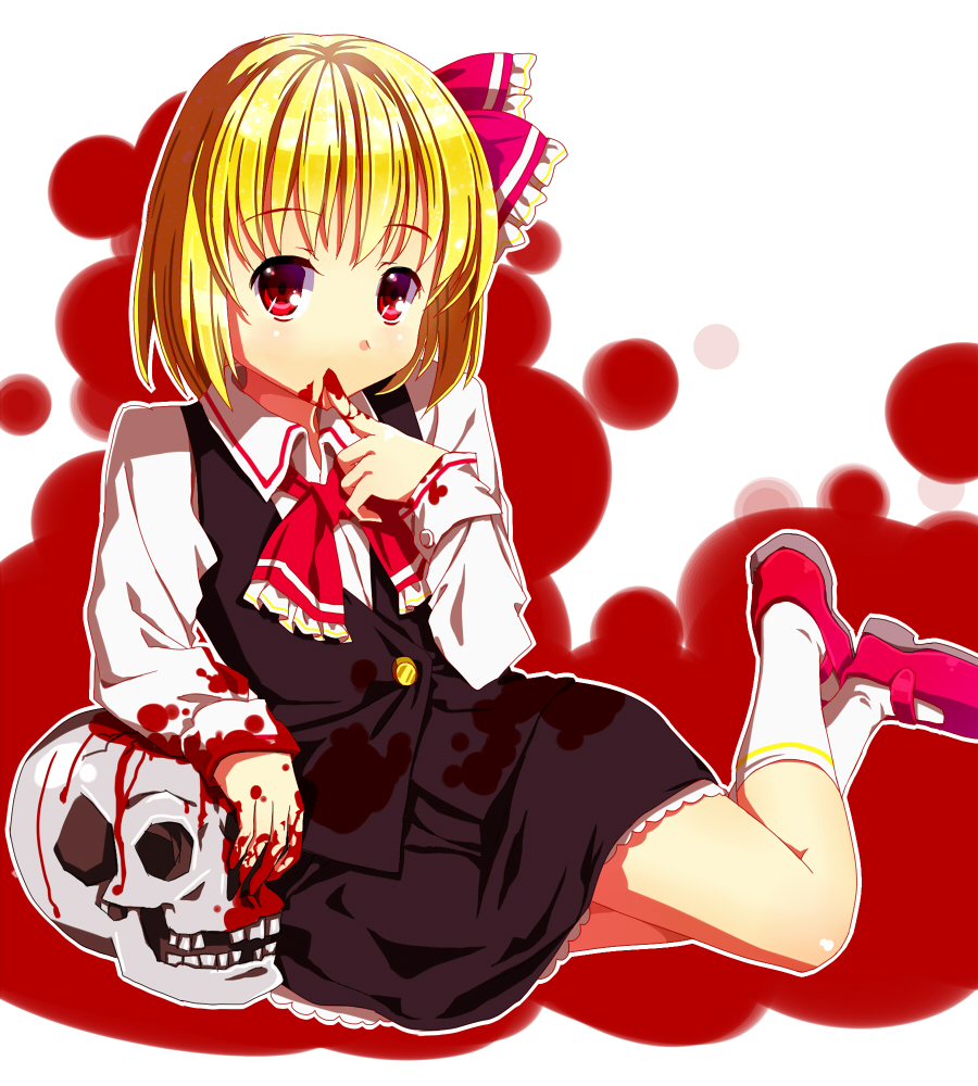 ascot bad_id bad_pixiv_id blonde_hair blood blood_on_face blood_on_fingers bloody_clothes blouse cnm finger_in_mouth frilled_skirt frills hair_ribbon looking_at_viewer red_eyes ribbon rumia short_hair sitting skirt skull touhou vest yokozuwari