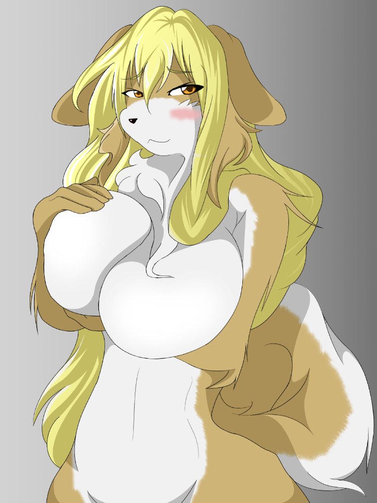 big_breasts black_nose blonde_hair blush breast_grab breasts brown_fur canine chest_tuft dog female fur grey_background hair long_hair looking_at_viewer mammal nude orange_eyes plain_background solo tuft white_fur yus-ts