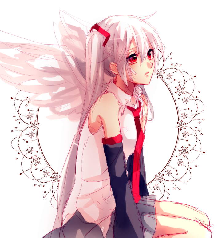 aisusuki albino albino_(vocaloid) bad_id bad_pixiv_id detached_sleeves hatsune_miku long_hair necktie red_eyes sitting skirt solo twintails very_long_hair vocaloid white_hair wings