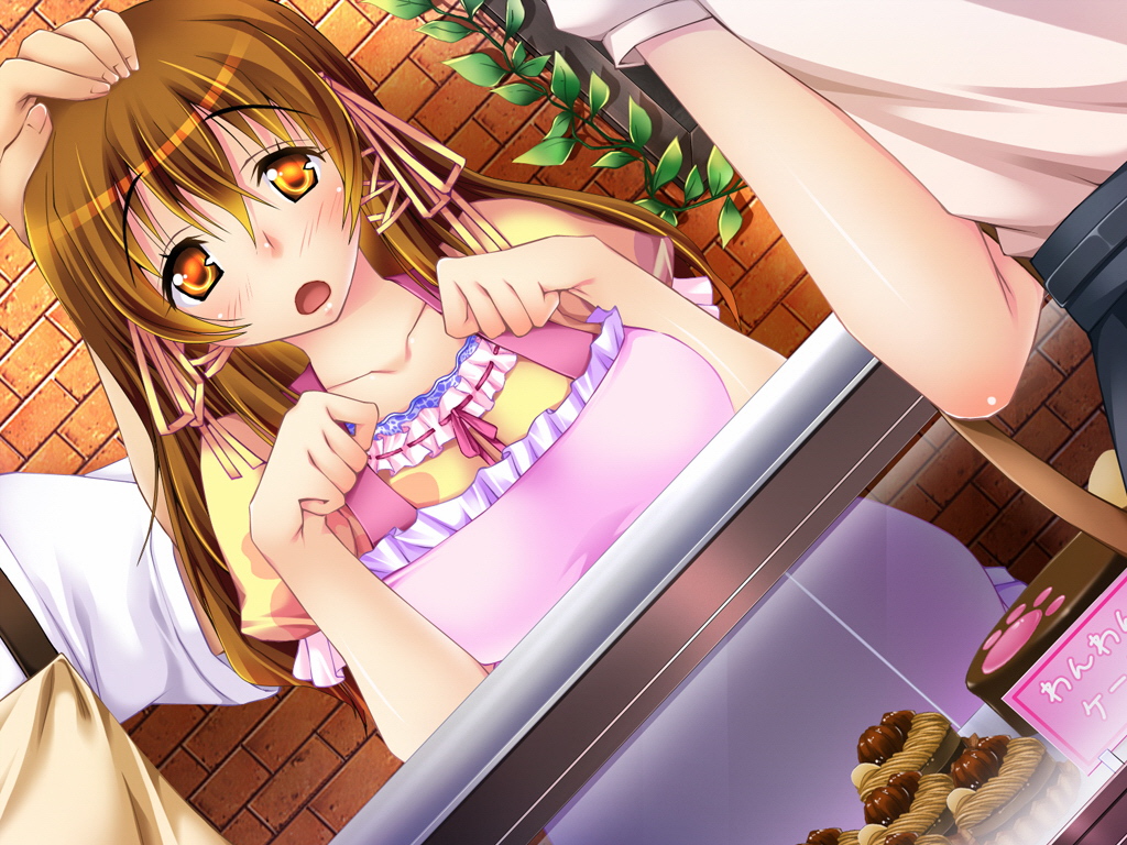 1girl 2boys apron blush brown_hair chako_(nikukyun_ongaeshi) collarbone game_cg multiple_boys nikukyun_ongaeshi open_mouth orange_eyes personification