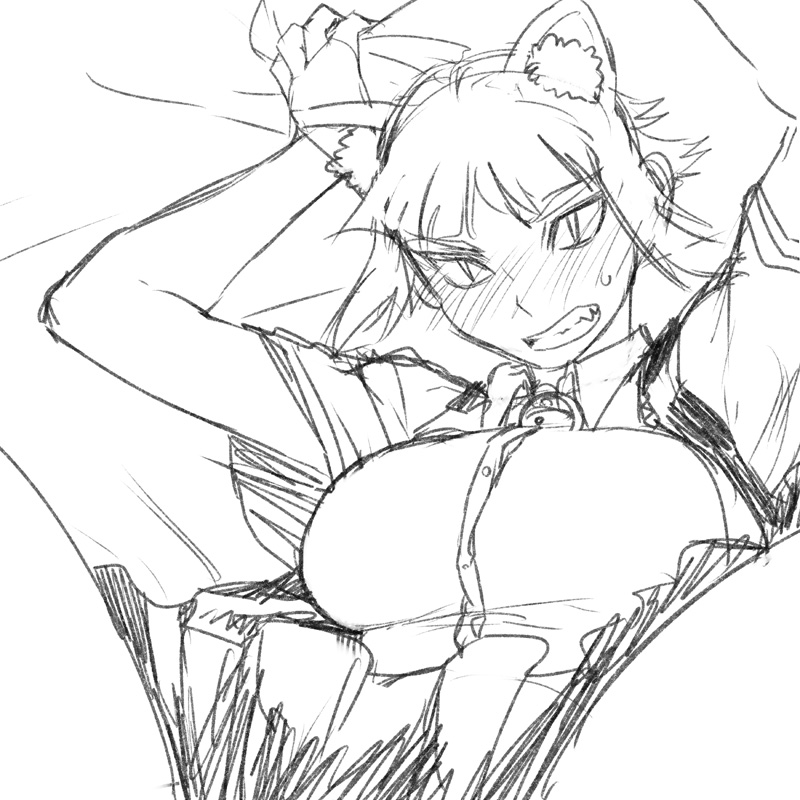 animal_ears blush breasts cat_ears fang full-face_blush greyscale huge_breasts kuraishi_tanpopo monochrome out-of-frame_censoring pillow pillow_grab short_hair sketch slit_pupils tsukudani_(coke-buta) witch_craft_works