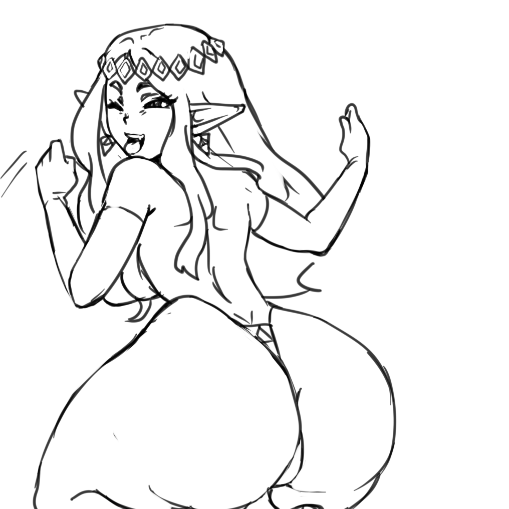 ass back breasts dancing elbow_gloves fang g-string gloves greyscale huge_ass lineart mandragoria monochrome one_eye_closed panties pointy_ears princess_hilda sideboob solo the_legend_of_zelda the_legend_of_zelda:_a_link_between_worlds thong tiara triforce underwear
