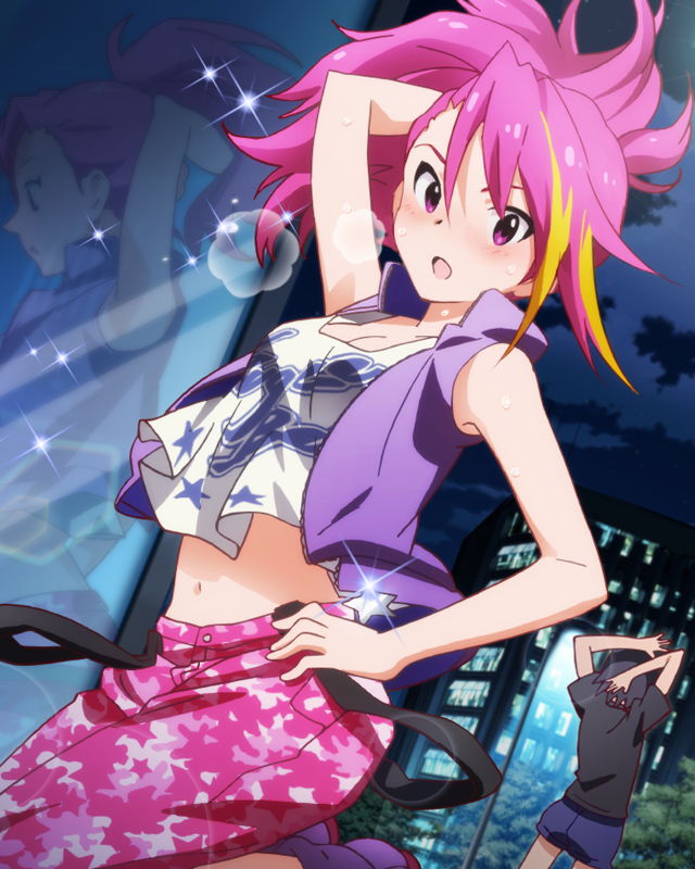 1girl artist_request blush camouflage camouflage_pants crop_top crop_top_overhang hand_on_head hand_on_hip idolmaster idolmaster_million_live! looking_at_viewer maihama_ayumu midriff mirror multicolored_hair navel official_art pants pink_eyes pink_hair pose reflection vest